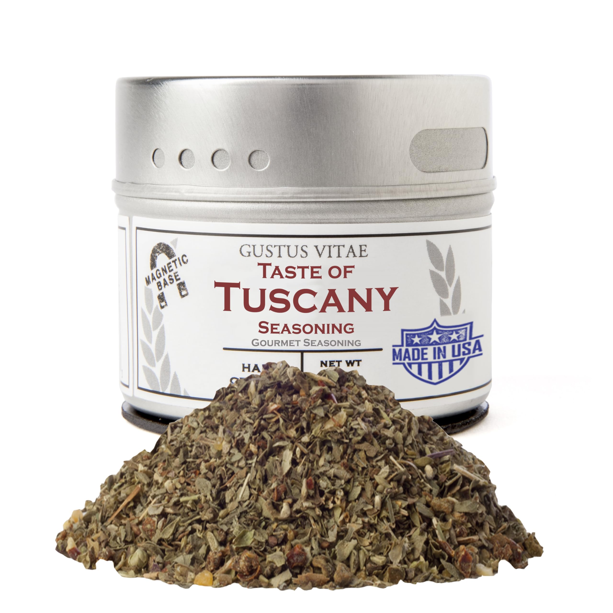 Gustus Vitae Taste of Tuscany bottle closeup, salt-free gourmet blend ideal for vibrant weeknight meals.