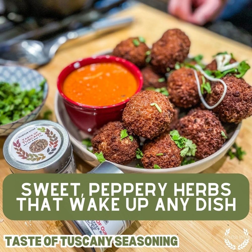 Gustus Vitae Taste of Tuscany shaker over skillet, releasing fragrant aromatics during cooking.
