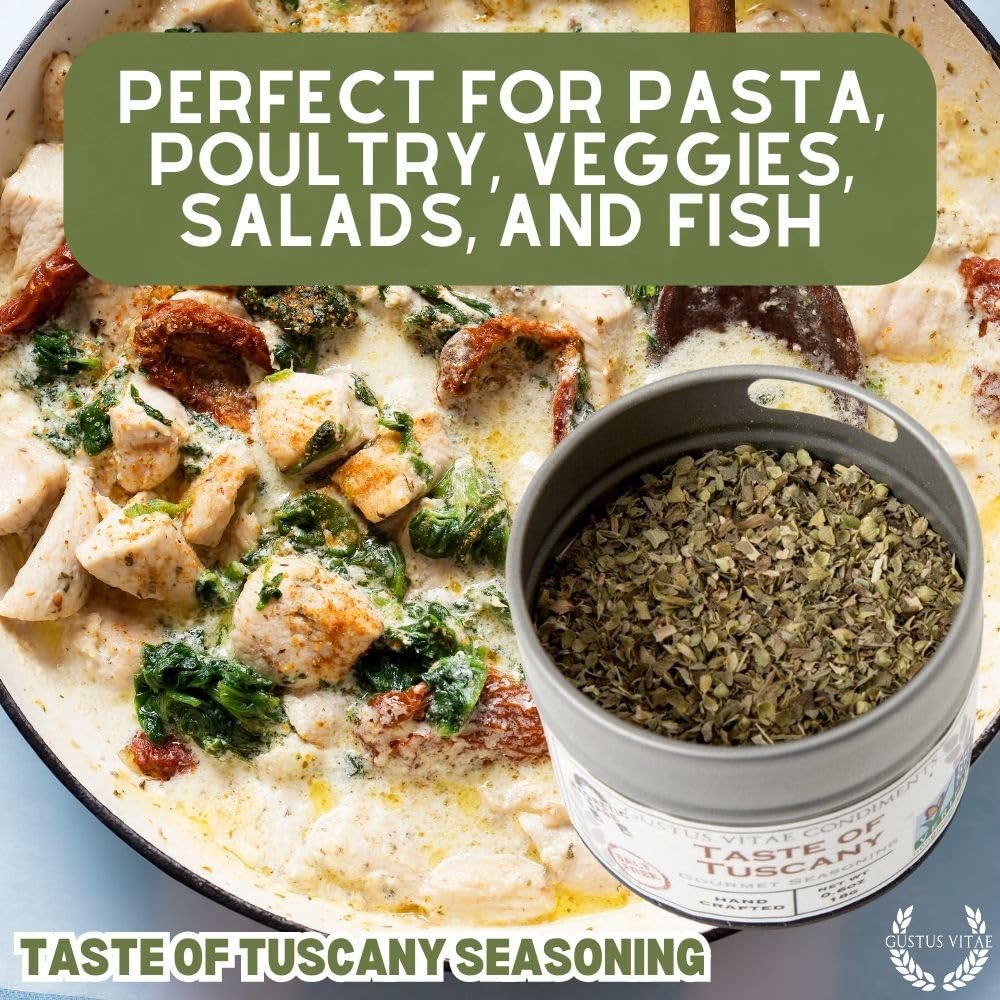 Gustus Vitae Taste of Tuscany magnetic tin on fridge, keeping seasoning within arm's reach.