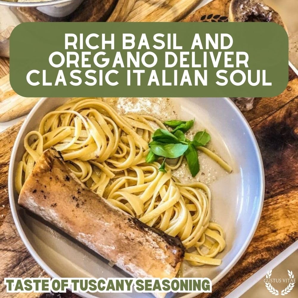 Gustus Vitae Taste of Tuscany on pasta plate, delivering authentic Tuscan aroma in every bite.