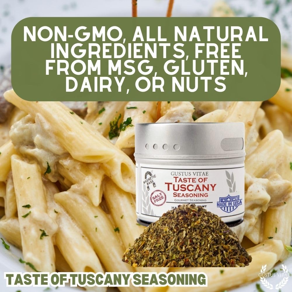 Gustus Vitae Taste of Tuscany tin lid open with steam, signaling freshness and quality.