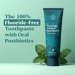 Gutology wild mint toothpaste tube close-up highlights refreshing flavor and fluoride-free formula.