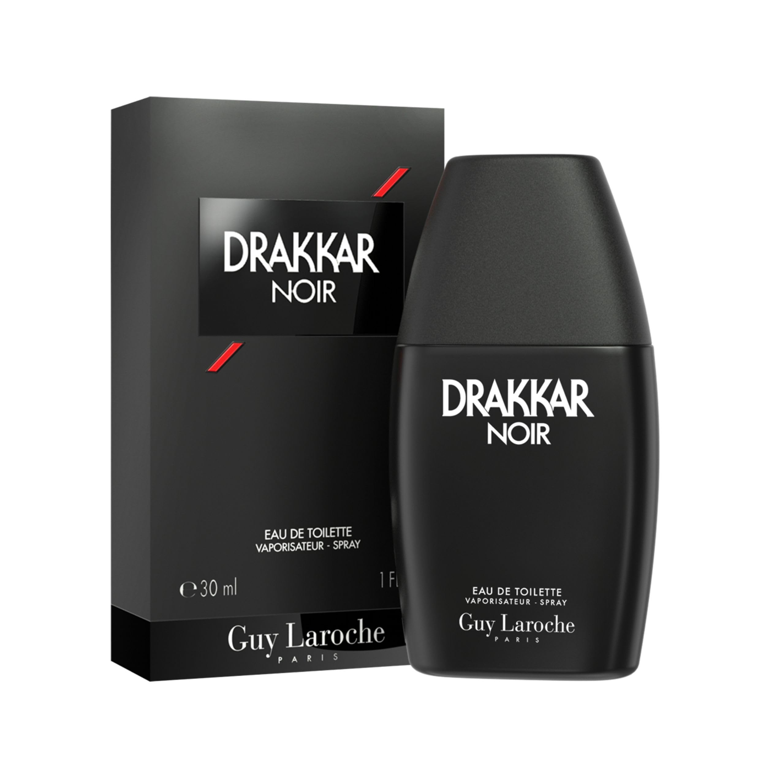 Guy Laroche Drakkar Noir bottle front showcases iconic matte black finish for timeless masculinity.