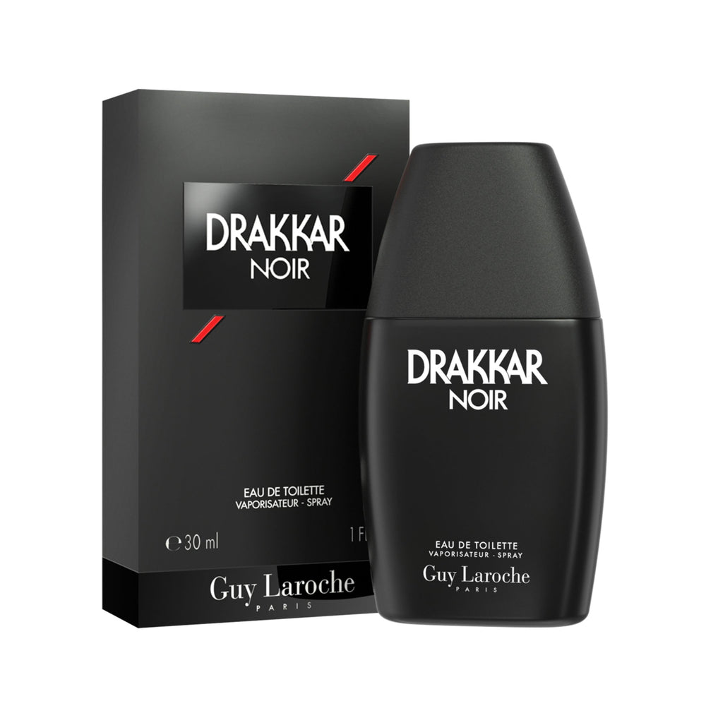Guy Laroche Drakkar Noir bottle front showcases iconic matte black finish for timeless masculinity.