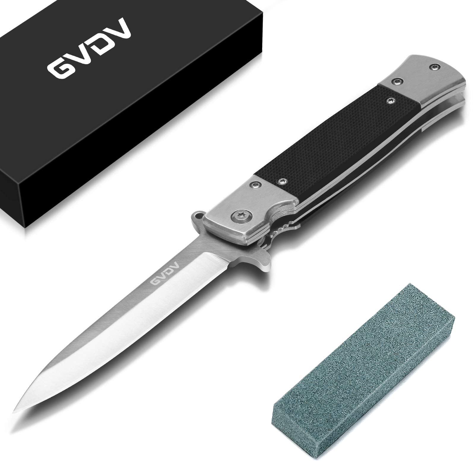 GVDV folding knife open with flipper for one-handed access