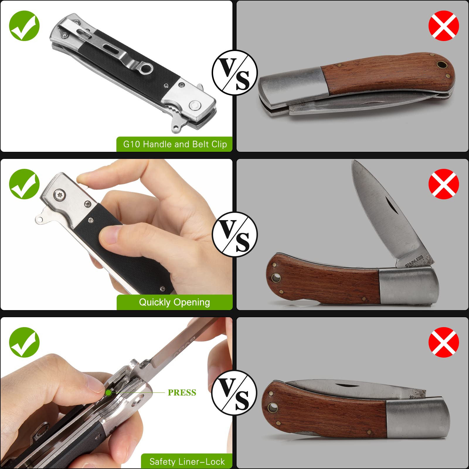 GVDV knife features safety liner lock to prevent accidental closure