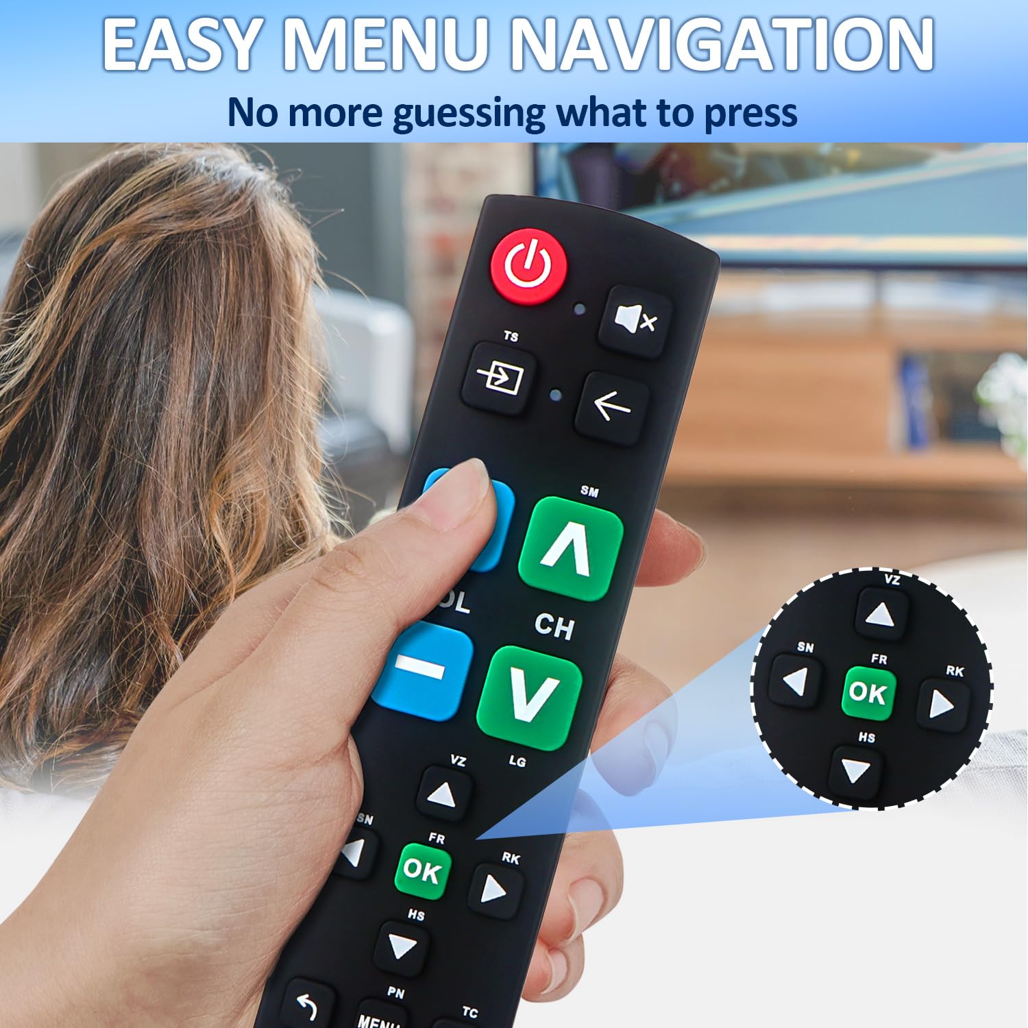 Gvirtue remote enter-button close-up emphasizes enlarged tactile control for seniors