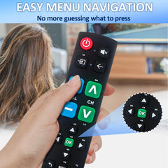 Gvirtue remote enter-button close-up emphasizes enlarged tactile control for seniors