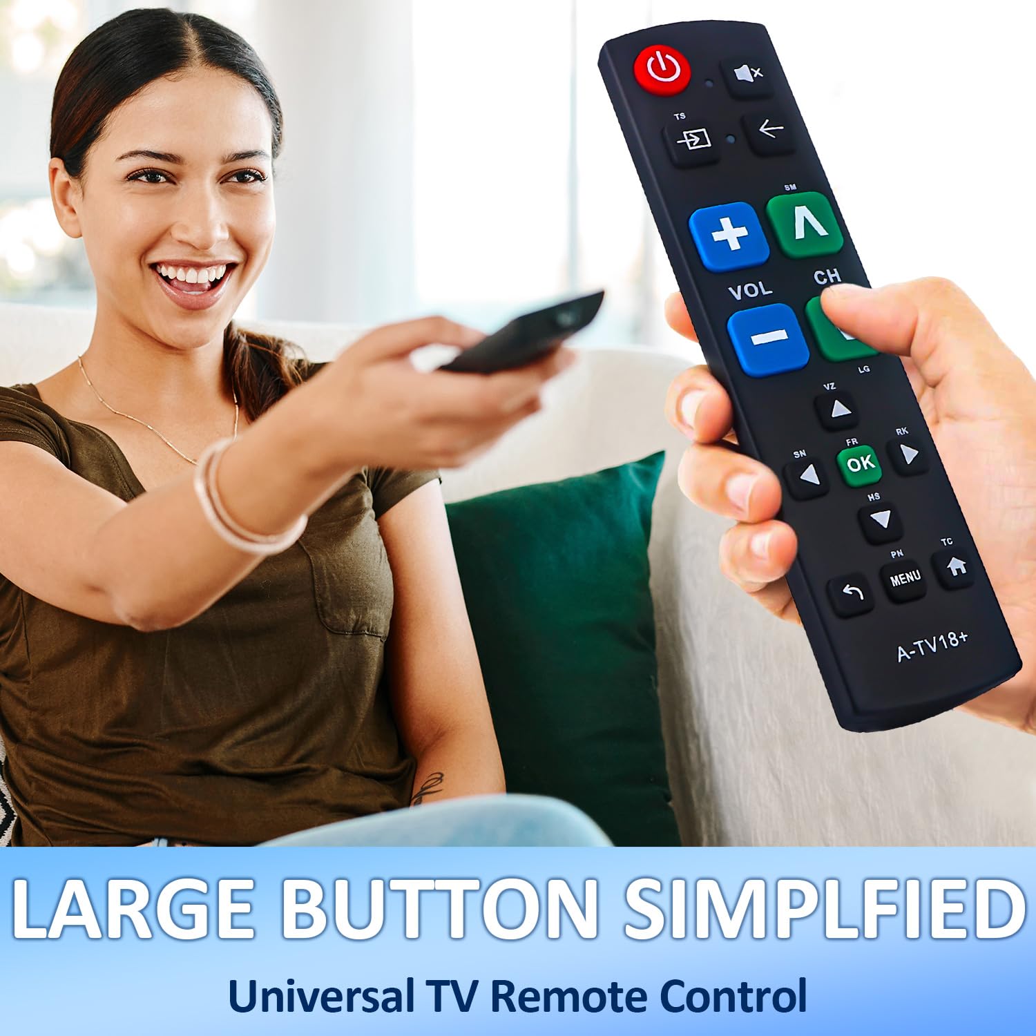Gvirtue big-button remote no-programming setup implies instant use with compatible TVs