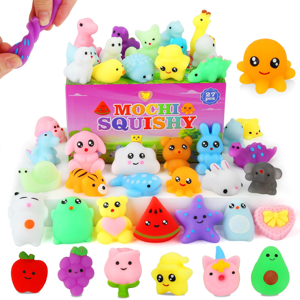 GWAHSA Mochi Squishy Toys set of 27 bright shapes for classroom prizes.