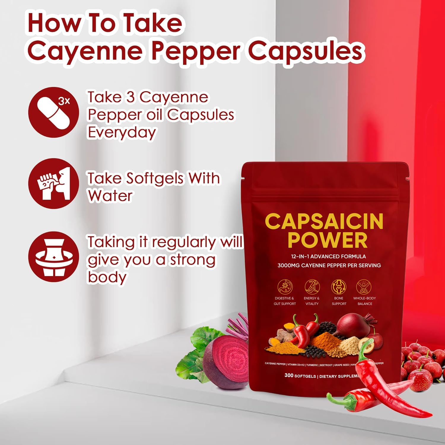 GXSAE Capsaicin Power bottle with glass of water for daily use.