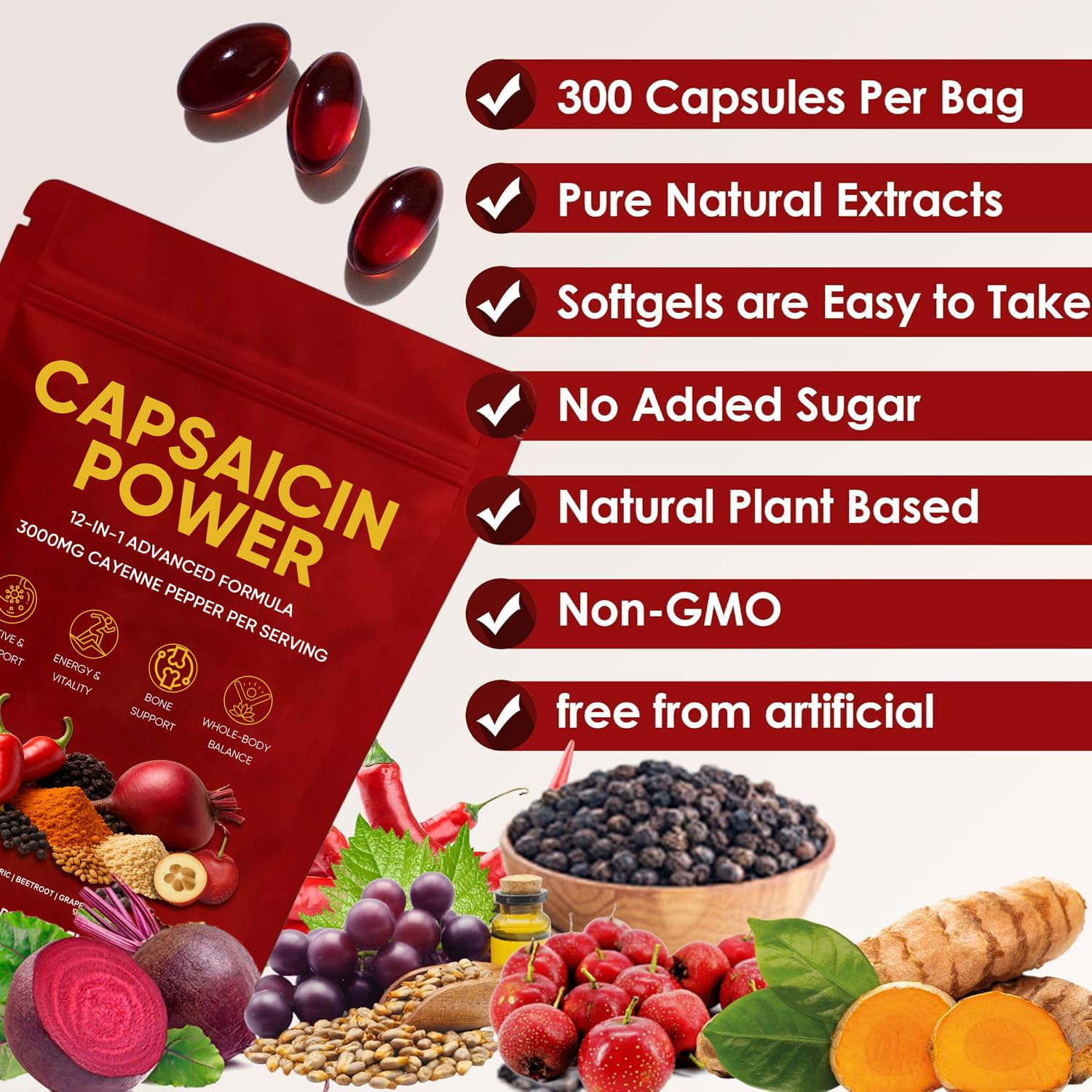 GXSAE Capsaicin Power ingredients panel featuring cayenne and grape seed oil.