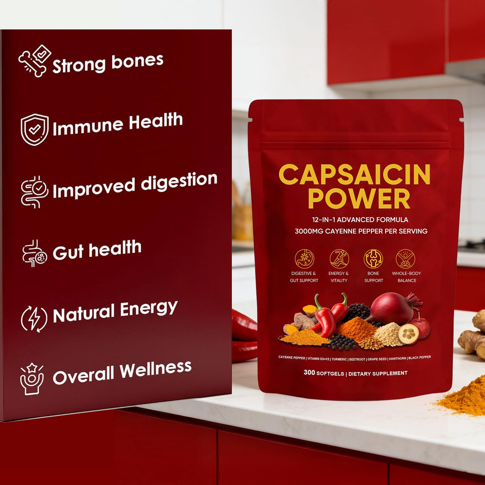 GXSAE Capsaicin Power label front highlighting D3 K2 and natural ingredients.
