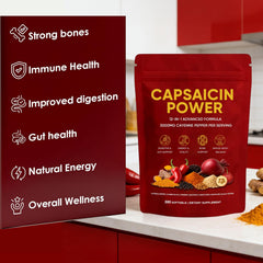 GXSAE Capsaicin Power label front highlighting D3 K2 and natural ingredients.