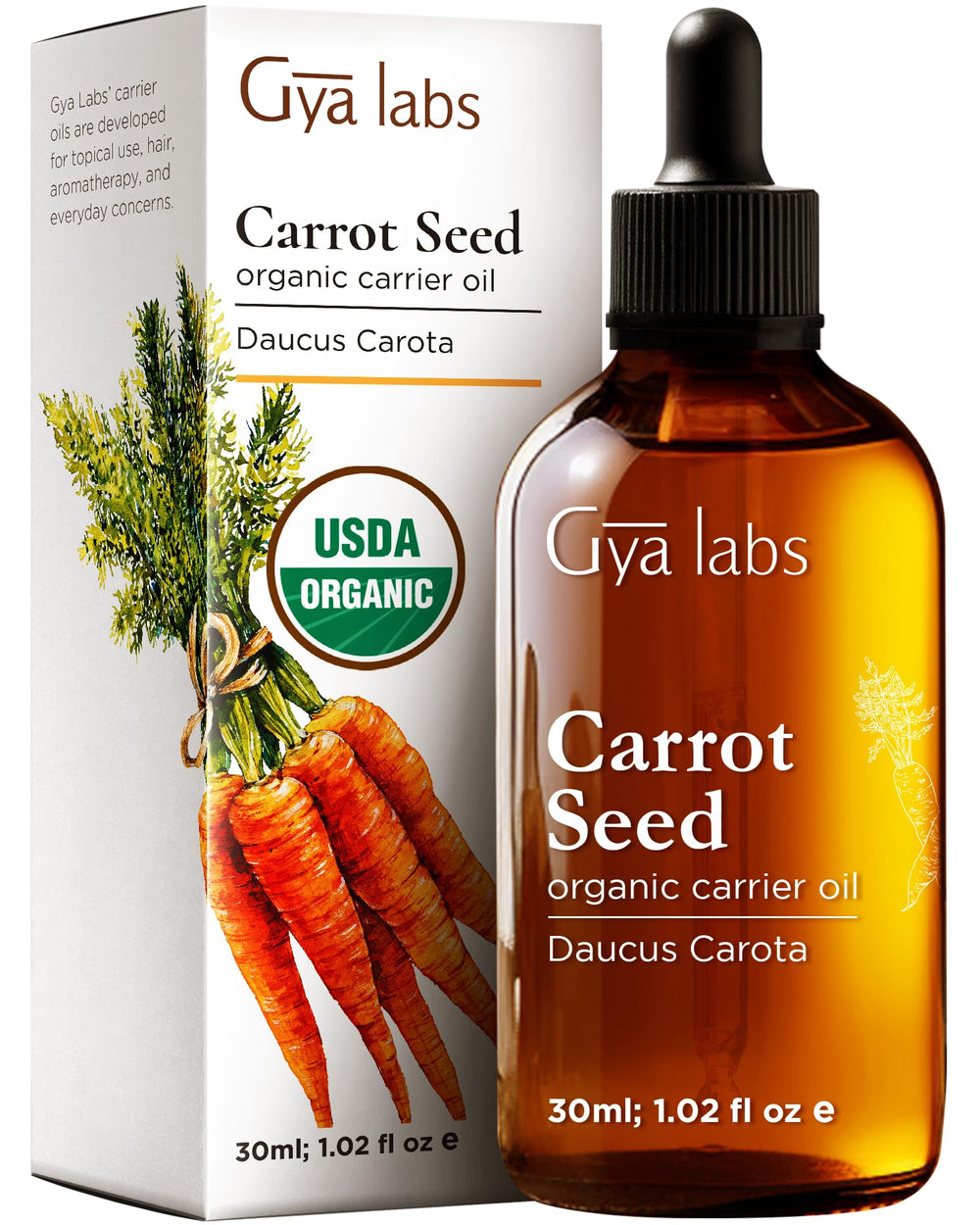 Gya Labs Carrot Seed Oil 1oz bottle for nourishing skin and hair care.