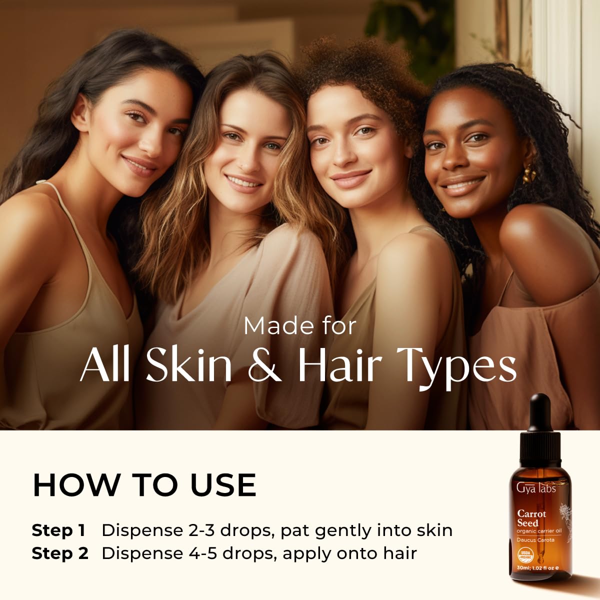 Gya Labs carrot seed oil on the face for gentle, nourishing care.