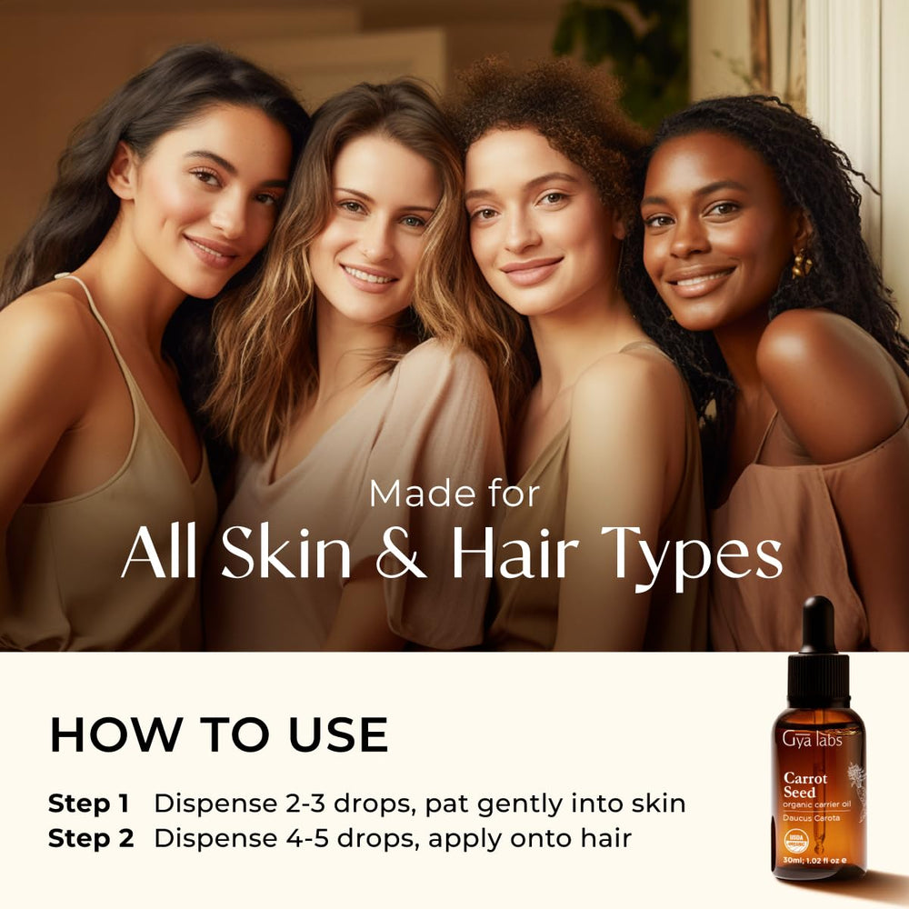 Gya Labs carrot seed oil on the face for gentle, nourishing care.