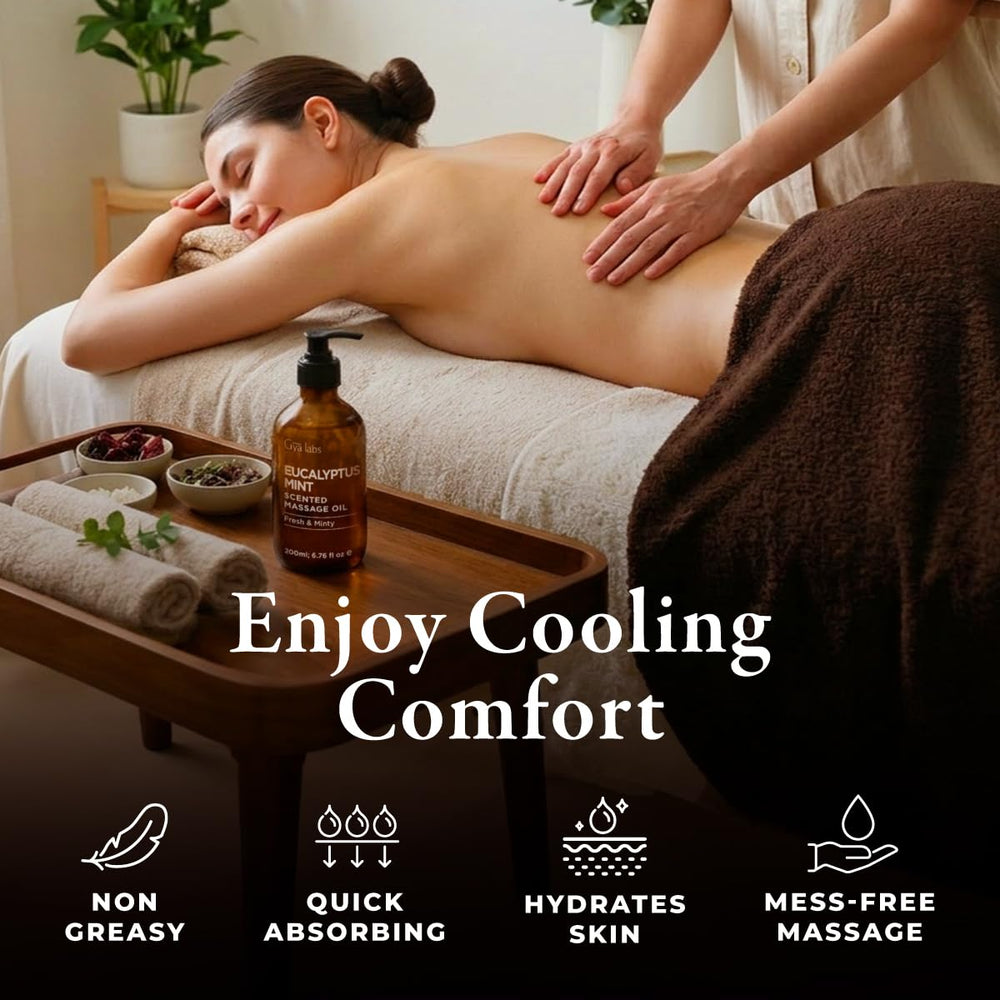 Gya Labs Eucalyptus Mint Massage Oil texture showing fast absorption and no greasiness