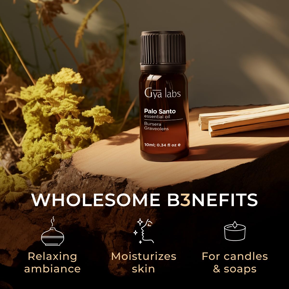 Gya Labs Palo Santo oil supports meditative rituals with grounding scent.