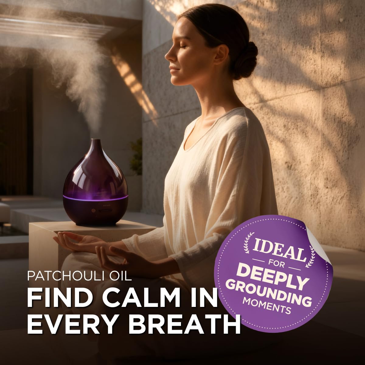 Gya Labs Patchouli Oil in a diffuser setup for aromatherapy