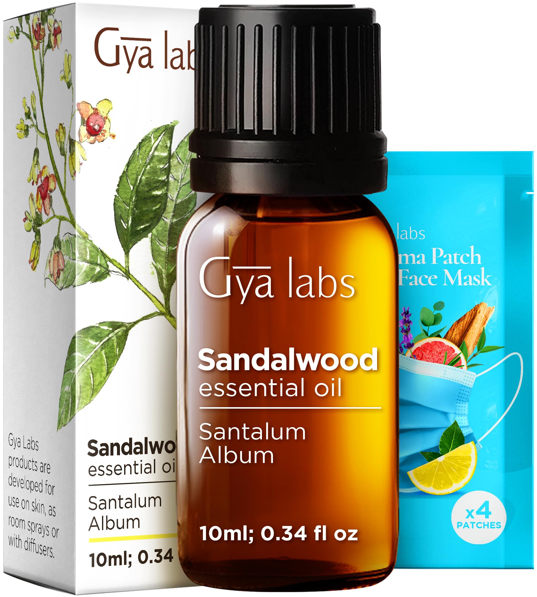 Gya Labs Sandalwood oil bottle closeup for soothing aromatherapy sessions