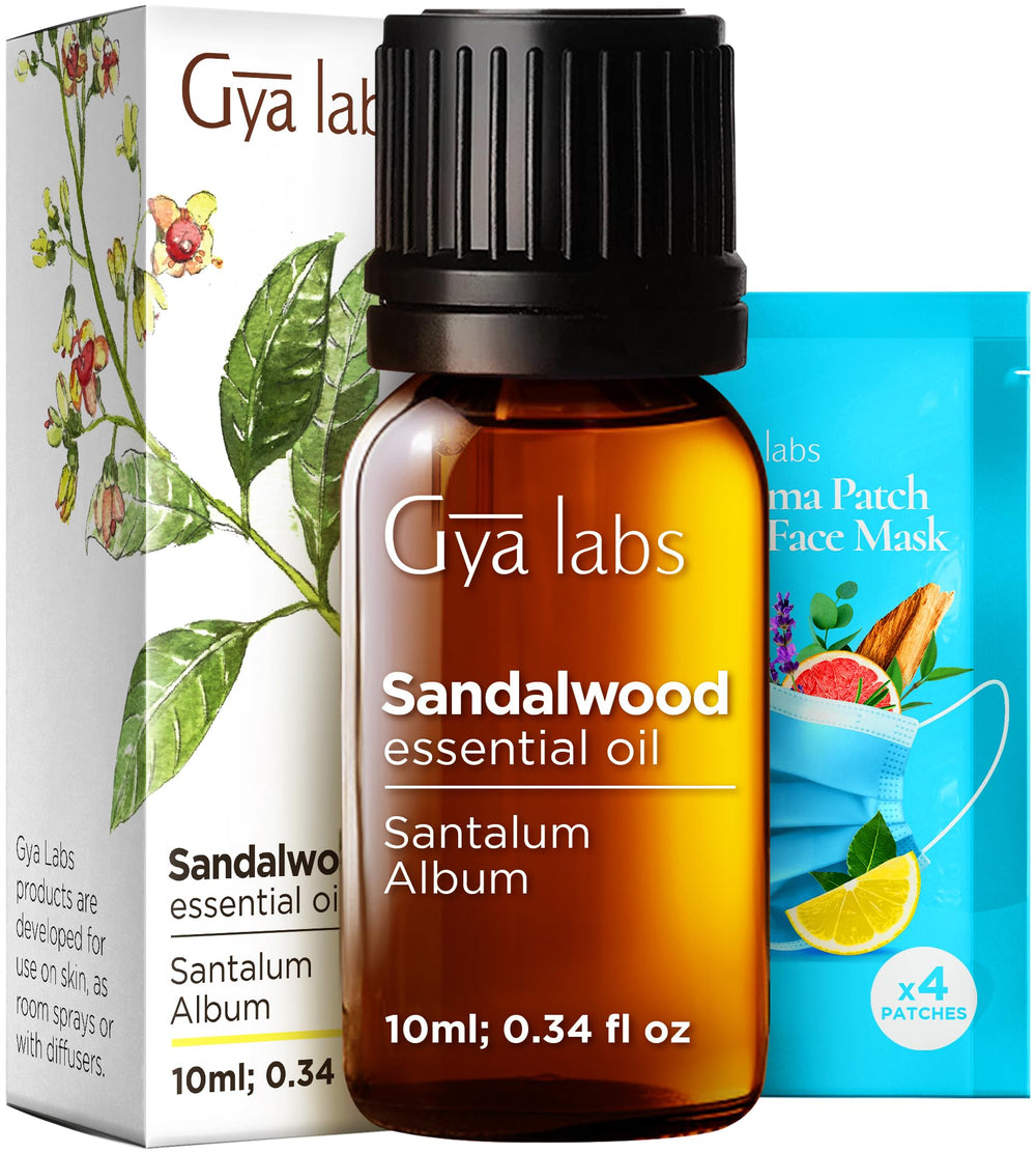 Gya Labs Sandalwood oil bottle closeup for soothing aromatherapy sessions