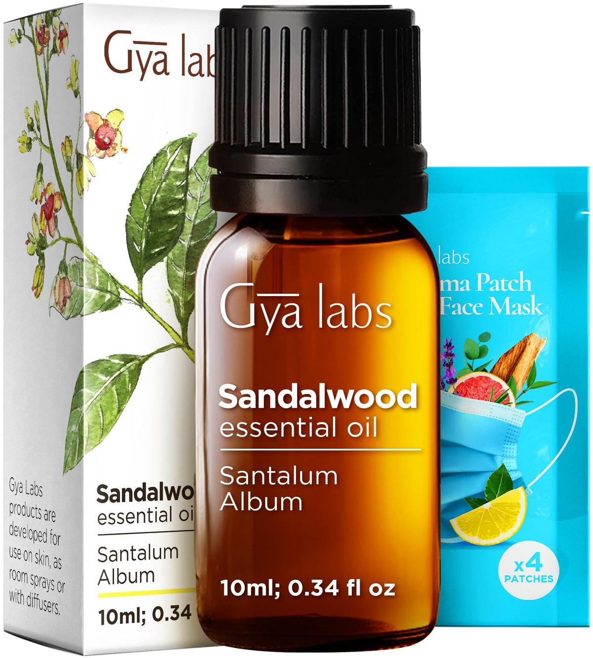 Gya Labs Sandalwood oil bottle closeup for soothing aromatherapy sessions