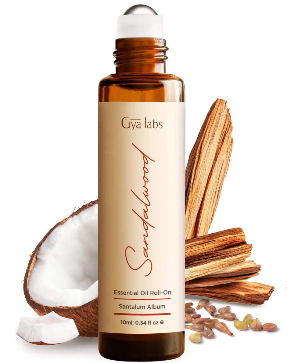 Gya Labs Sandalwood Roll-On bottle, travel-friendly, grounding woody aroma.