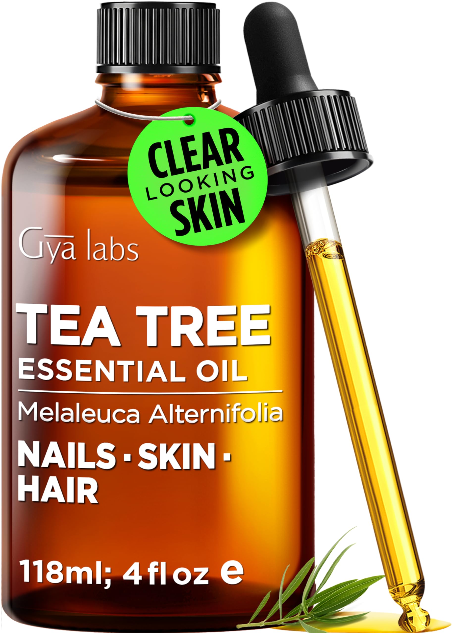 Gya Labs Tea Tree Oil bottle on white background for skin cleansing and refreshing routine