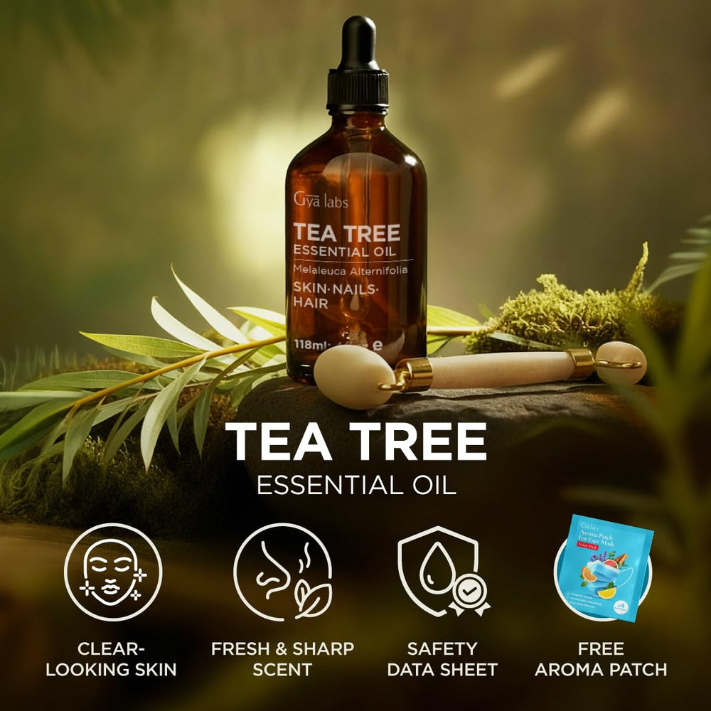Gya Labs Tea Tree Oil bottle positioned for everyday skin care