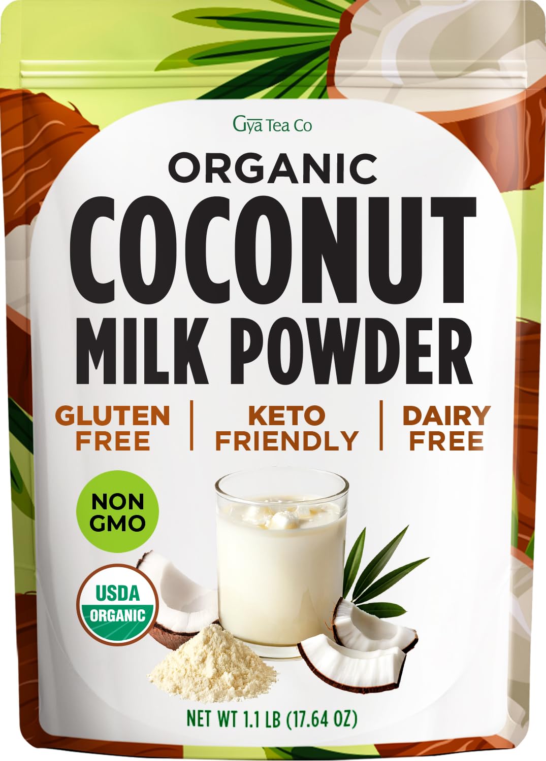 Gya Tea Co coconut milk powder bag on counter for convenient, shelf-stable use