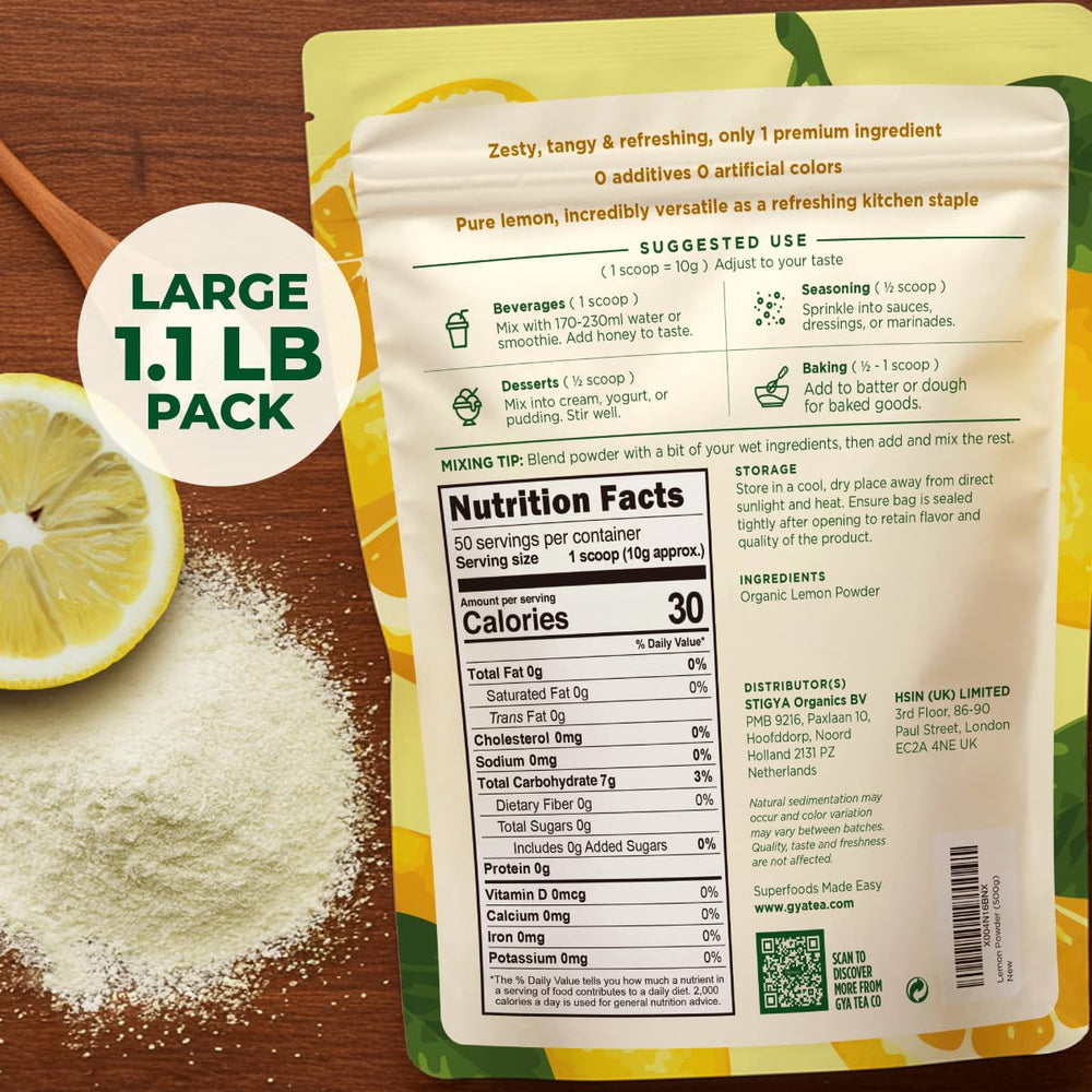 Gya Tea Co lemon powder tub closeup showing real organic lemons