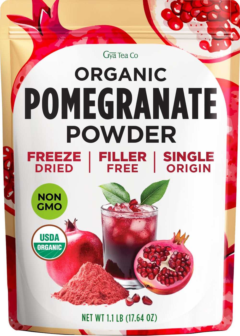 Gya Tea Co Organic Pomegranate Powder in a jar for easy daily nutrition.