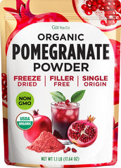 Gya Tea Co Organic Pomegranate Powder in a jar for easy daily nutrition.
