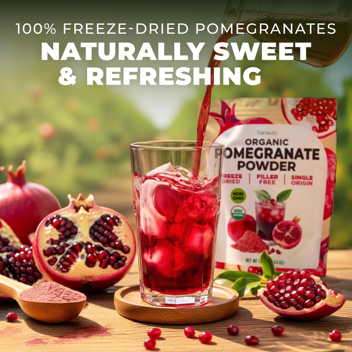 Gya Tea Co pomegranate powder scoop ready for smoothies and baking.
