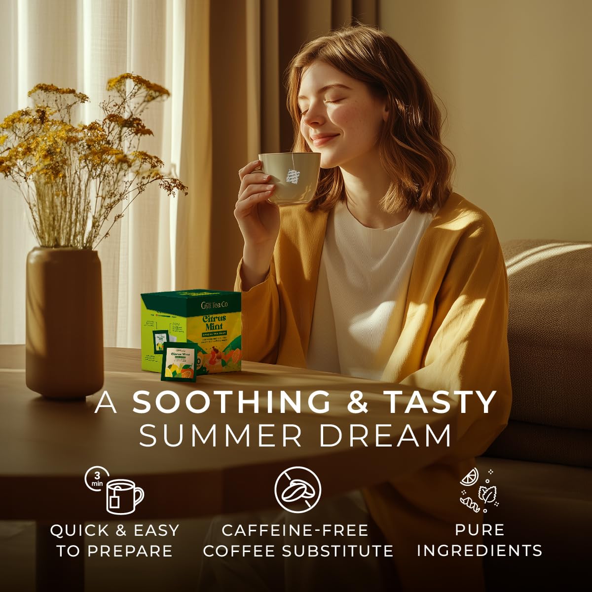 Gya Tea Co Citrus Mint tea bag inside cup for quick, relaxing steep