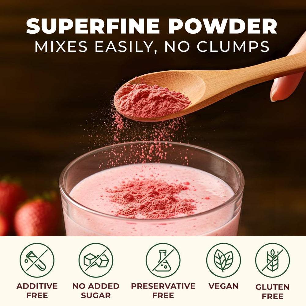 Gya Tea Co strawberry powder sprinkle on cereals and oats for natural flavor.