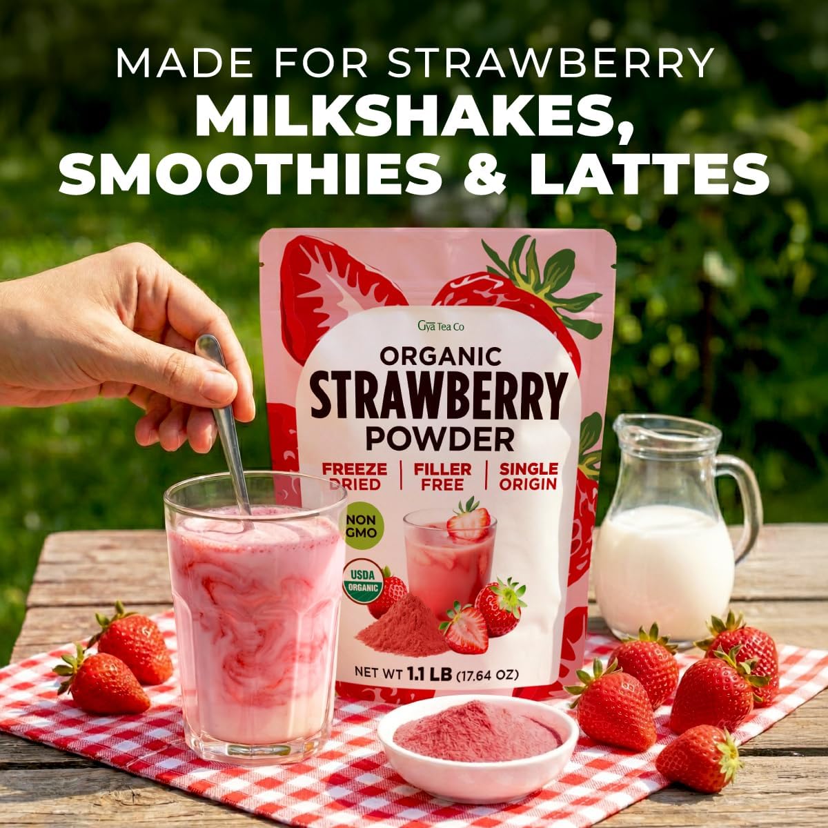 Gya Tea Co strawberry powder in milk — instant flavor without added sugar.