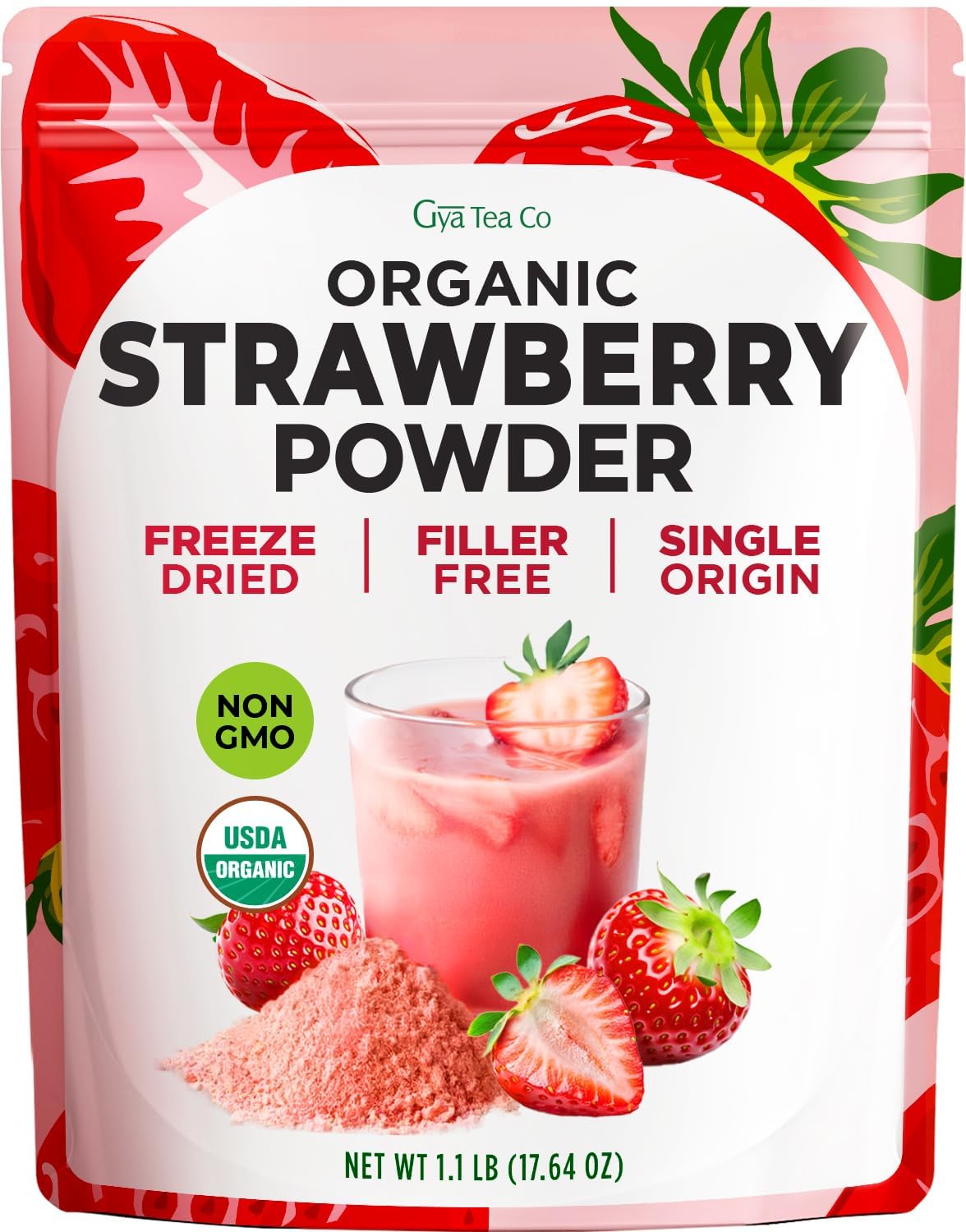 Gya Tea Co strawberry powder enhances smoothies with real fruit taste.