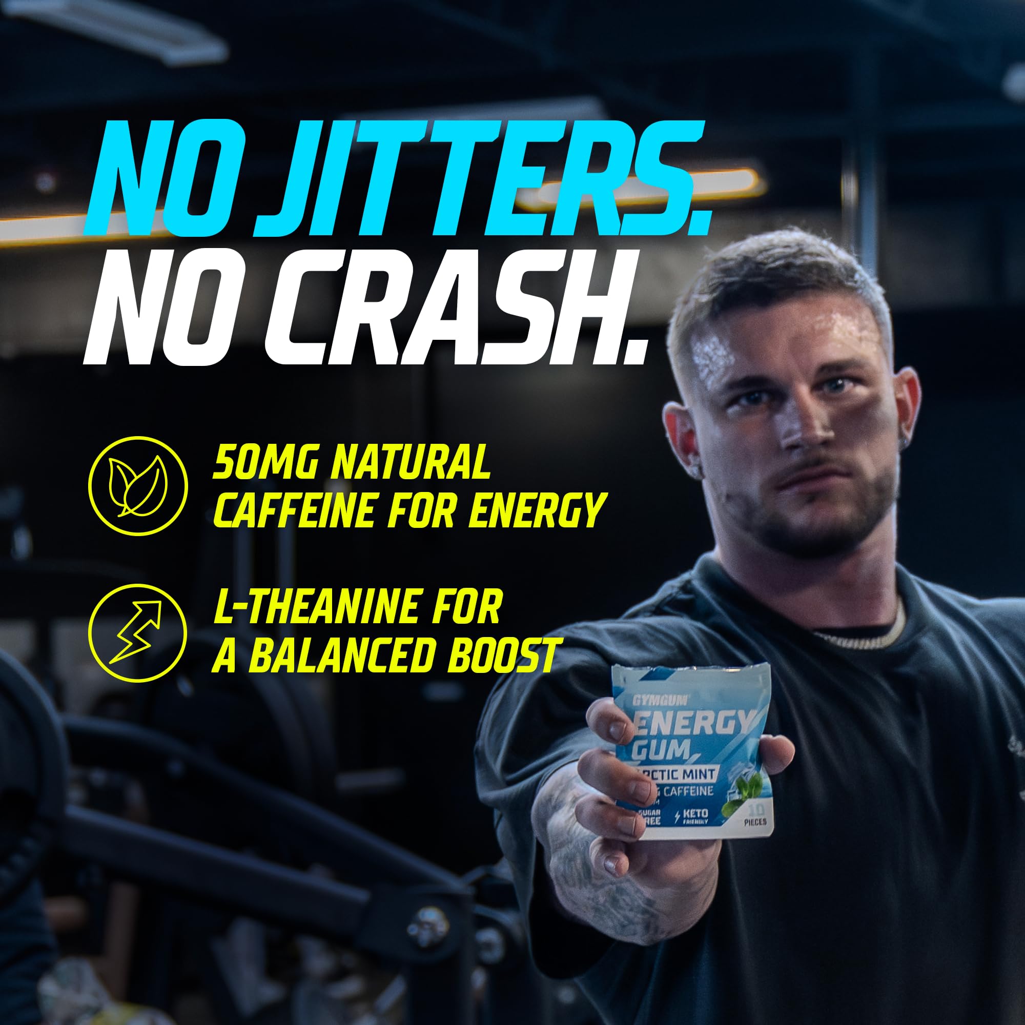 GYMGUM Arctic Mint freshness on-the-go chew for alertness.