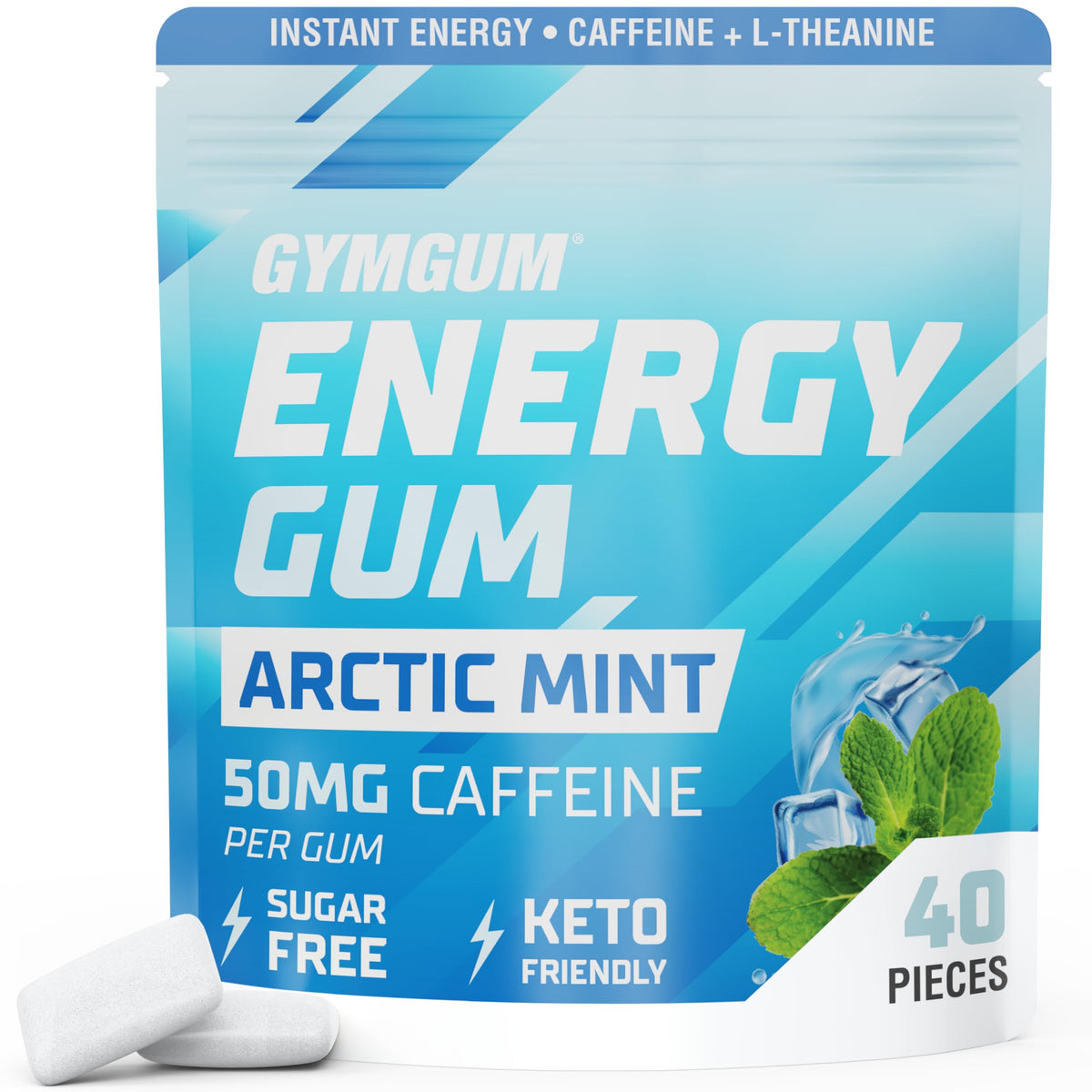 GYMGUM Energy Caffeine Gum Arctic Mint pack for on-the-go focus.