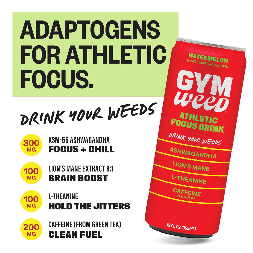 GYM WEED can watermelon close-up emphasizing refreshing taste and sustained energy