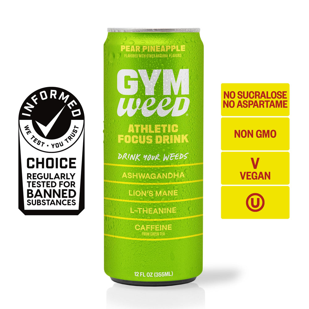 Gym Weed ingredients infographic highlighting adaptogens and caffeine blend.