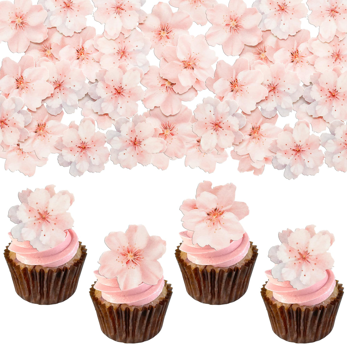 Gyufise edible cherry blossom wafer toppers on cupcakes for a delicate dessert look