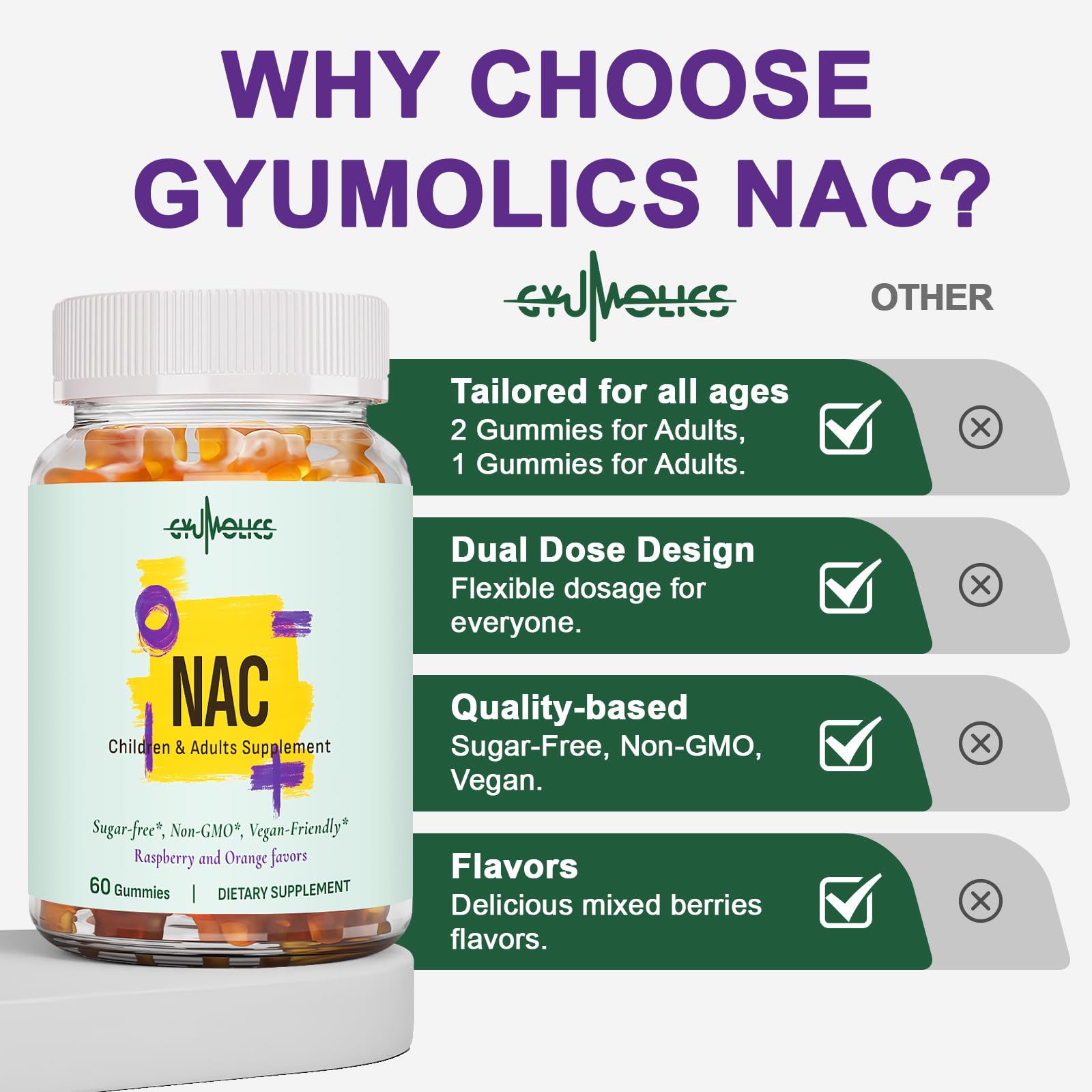Gyumolics NAC mixed berry flavor close-up highlighting natural taste.