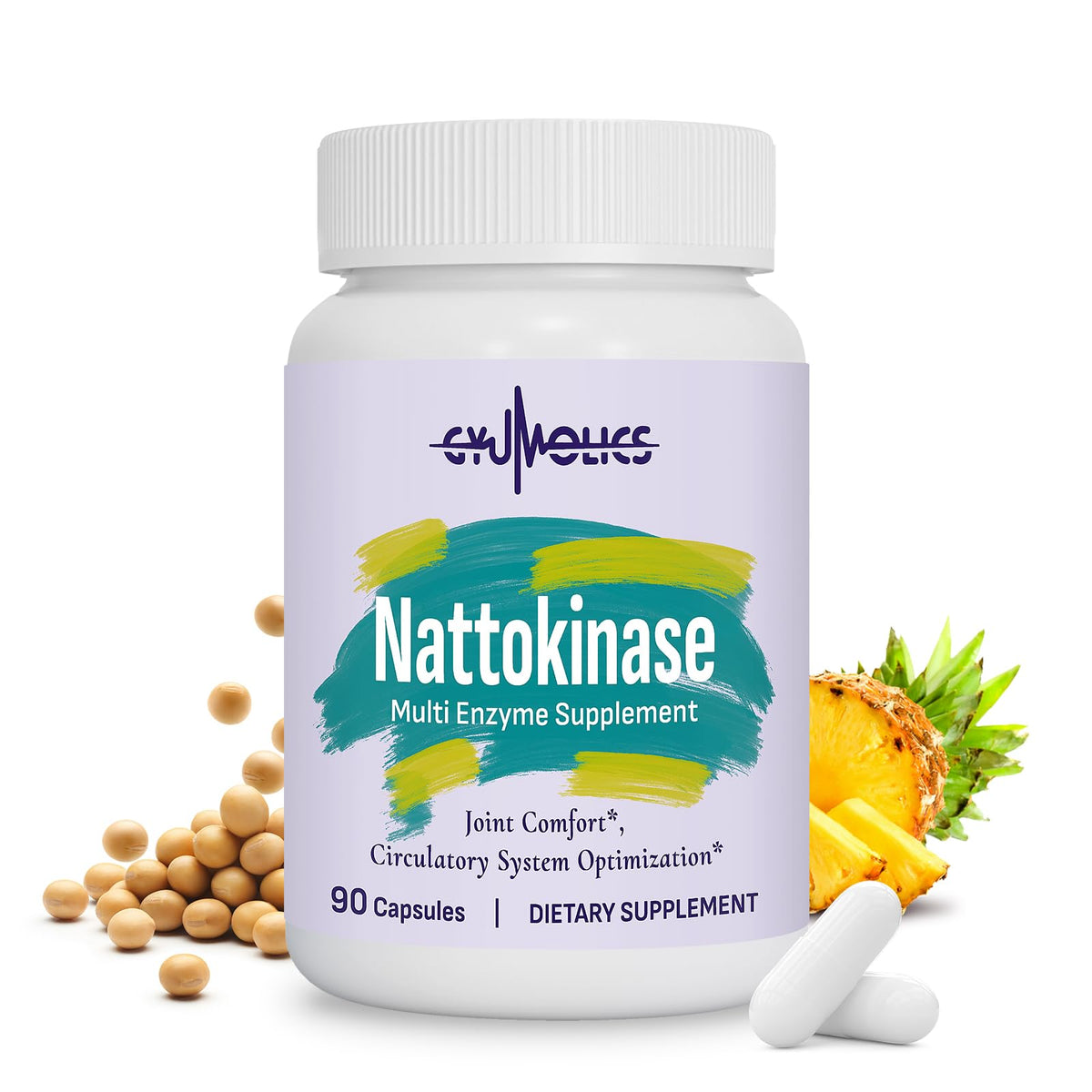 Gyumolics Nattokinase supplement bottle with 10000FU label for daily wellness.