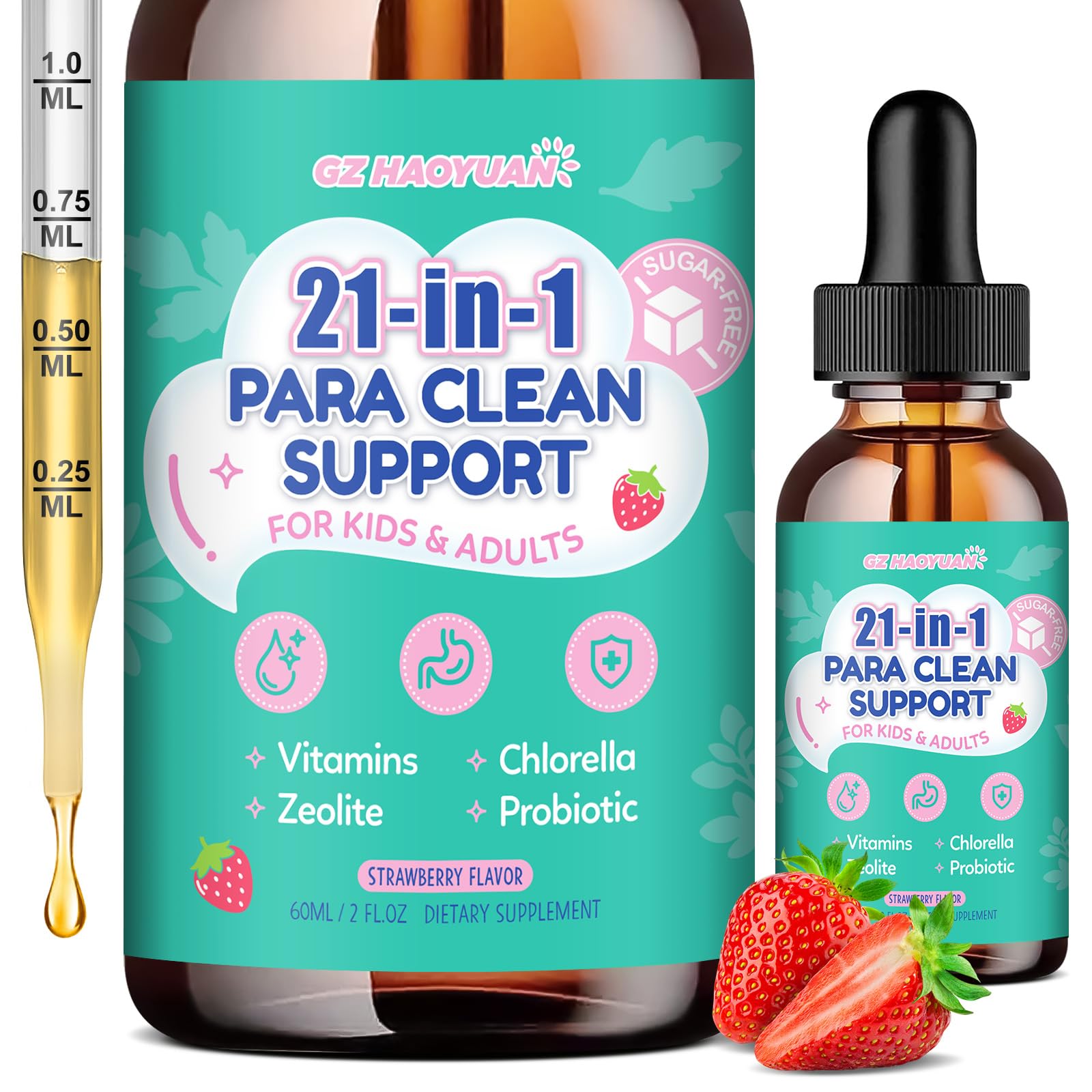 GZ HaoYuan 21in1 Gut Cleanse Drops bottle label highlights natural ingredients for gentle family detox.