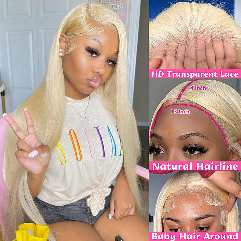 GZX blonde straight wig with 13x4 transparent lace for seamless skin melt.