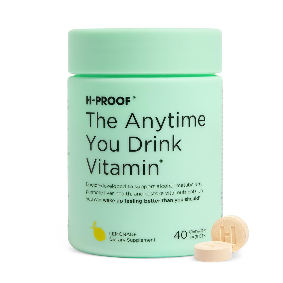 H-PROOF The Anytime You Drink Vitamin bottle shown for post-drink support.