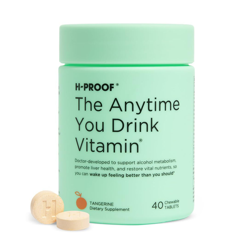 H-PROOF Anytime You Drink Vitamin bottle for post-drink metabolism support.